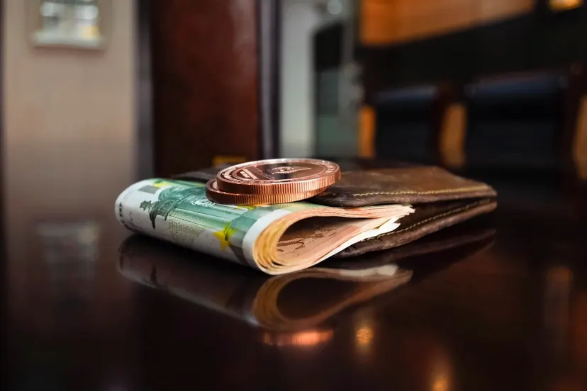 Folded banknotes and coins on a wallet on a dark table